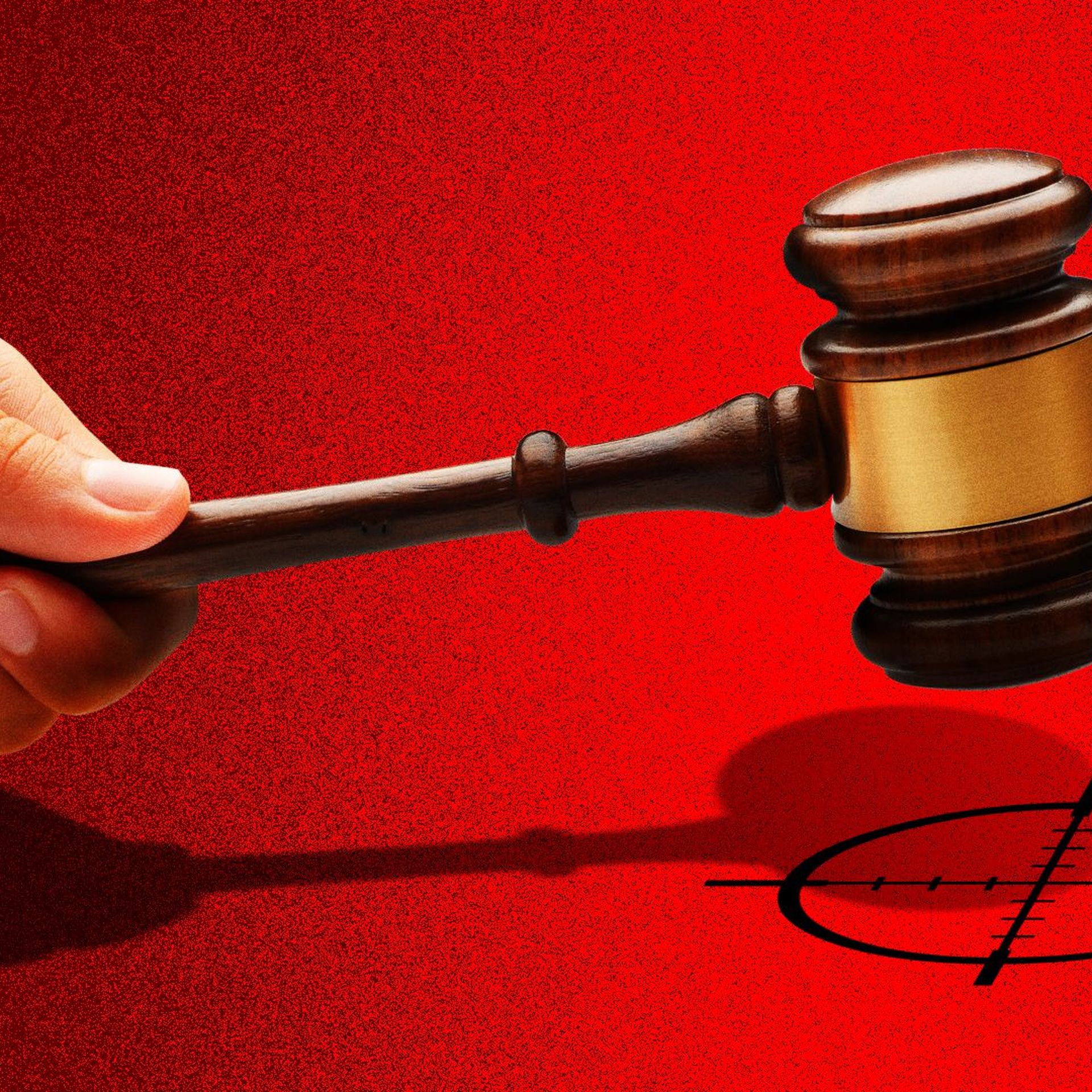 Illustration of a gavel coming down on crosshairs. 
