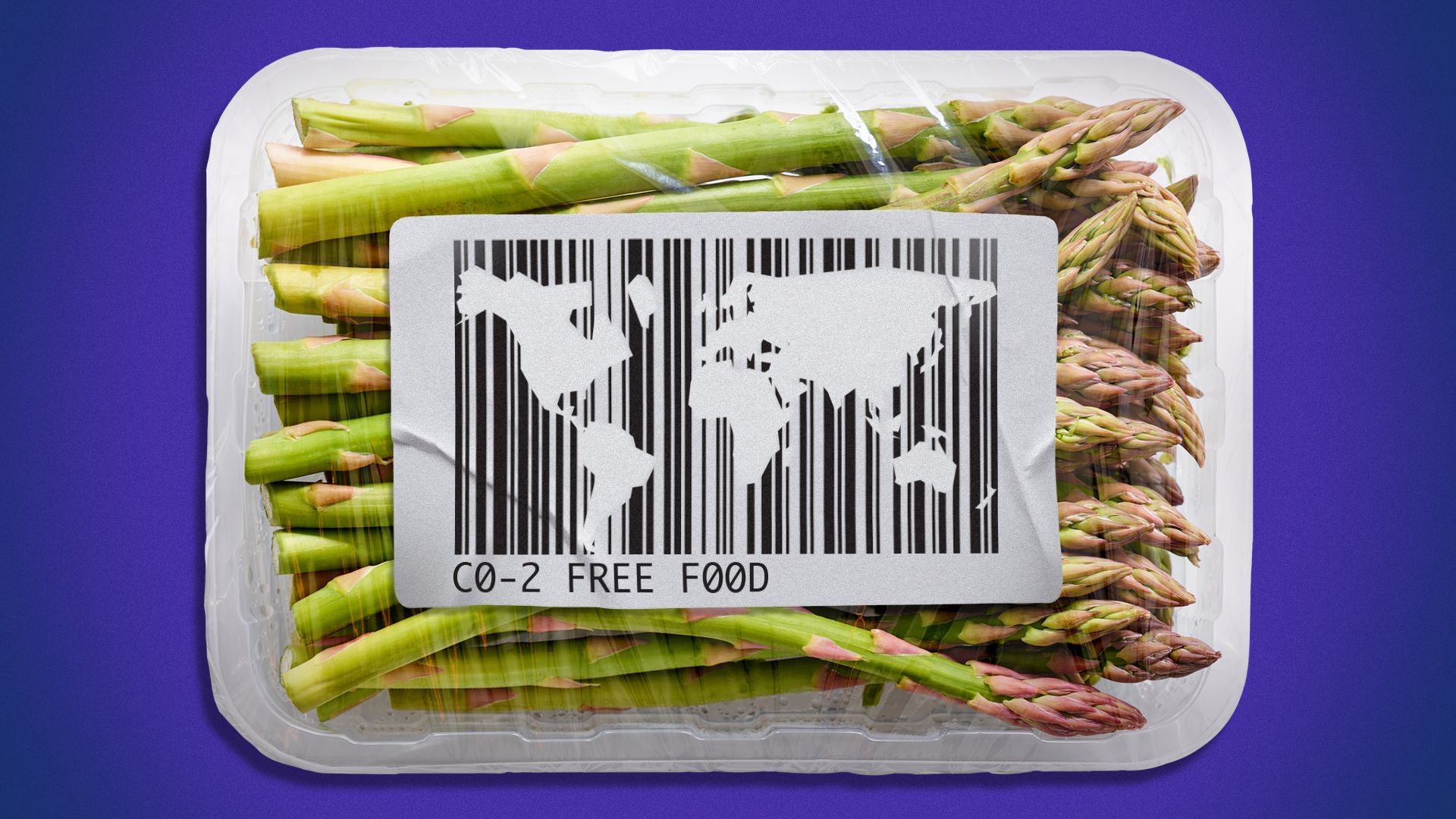 Illustration of a world-shaped barcode sticker on a package of asparagus