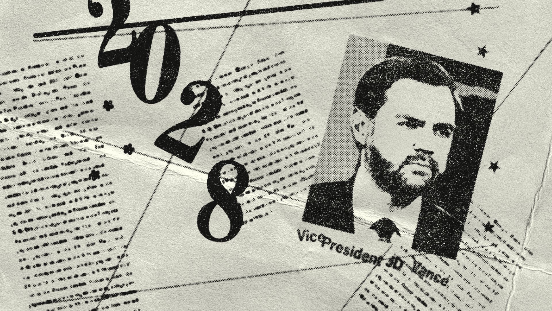 Photo illustration of a newspaper page, with the printed elements falling, including the year 2028 in large headline type, and a photo of JD Vance.