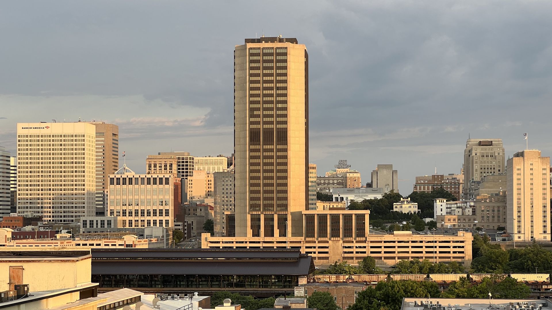 A photograph of the James Monroe building dominating Richmond's skyline.