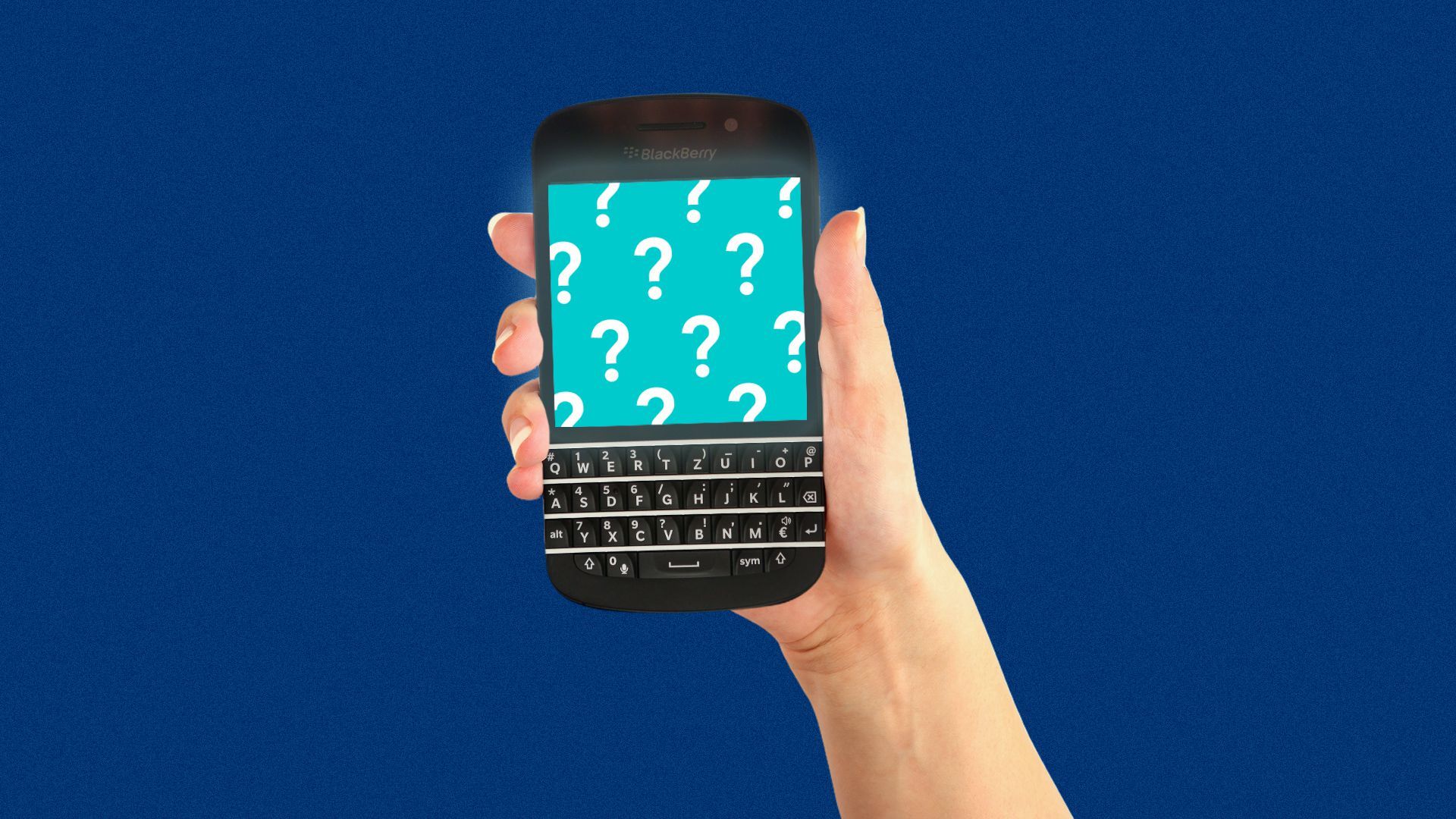 An illustration of a BlackBerry device with question marks on the screen