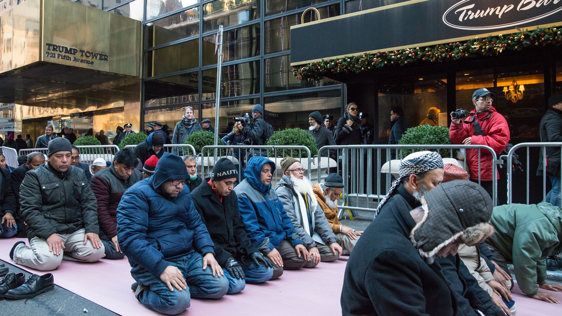 Muslim-Americans are seen protesting against Donald Trump in 2015.