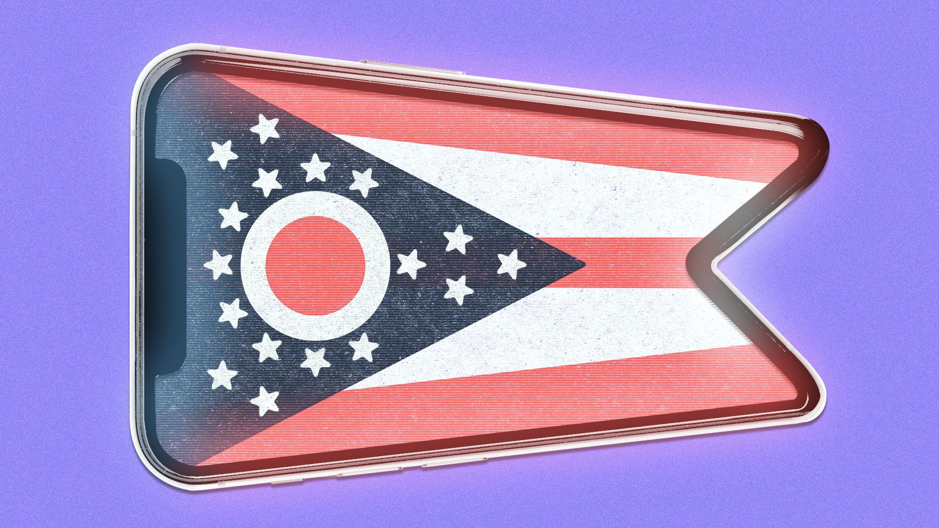 Illustration of a smartphone in the shape of the flag of Ohio, with the flag onscreen.