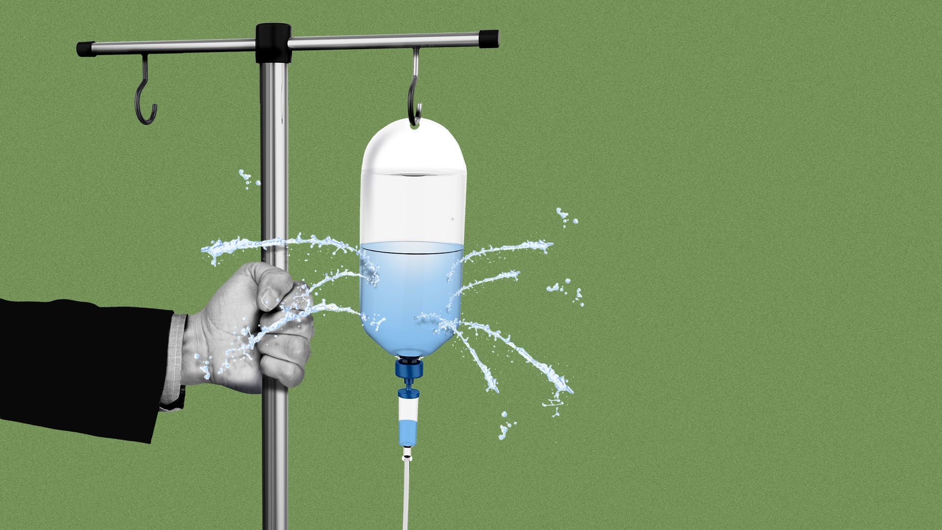 Illustration of a leaking I.V. held by a man in a suit.