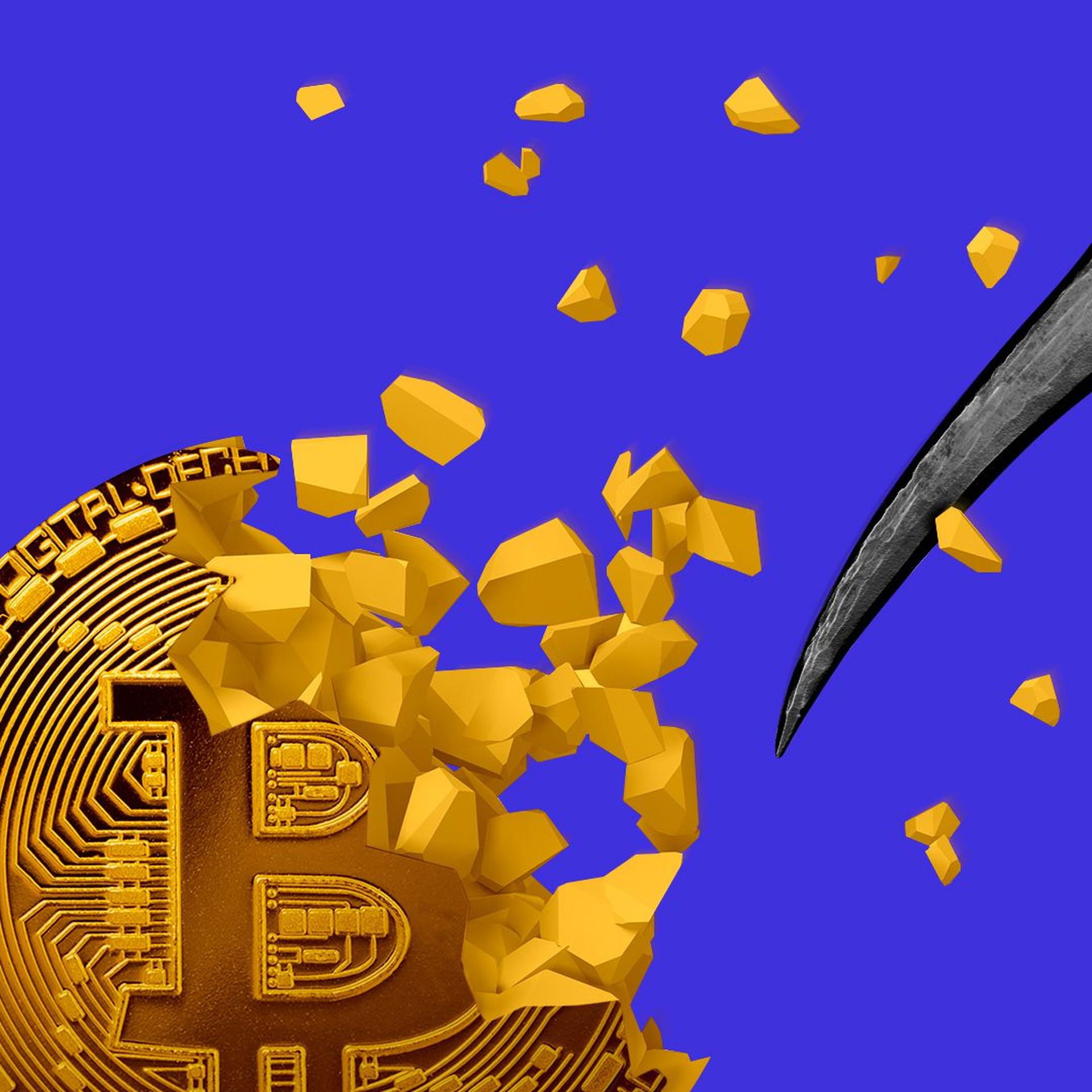 Illustration of a pick axe hitting a Bitcoin with pieces flying everywhere. 