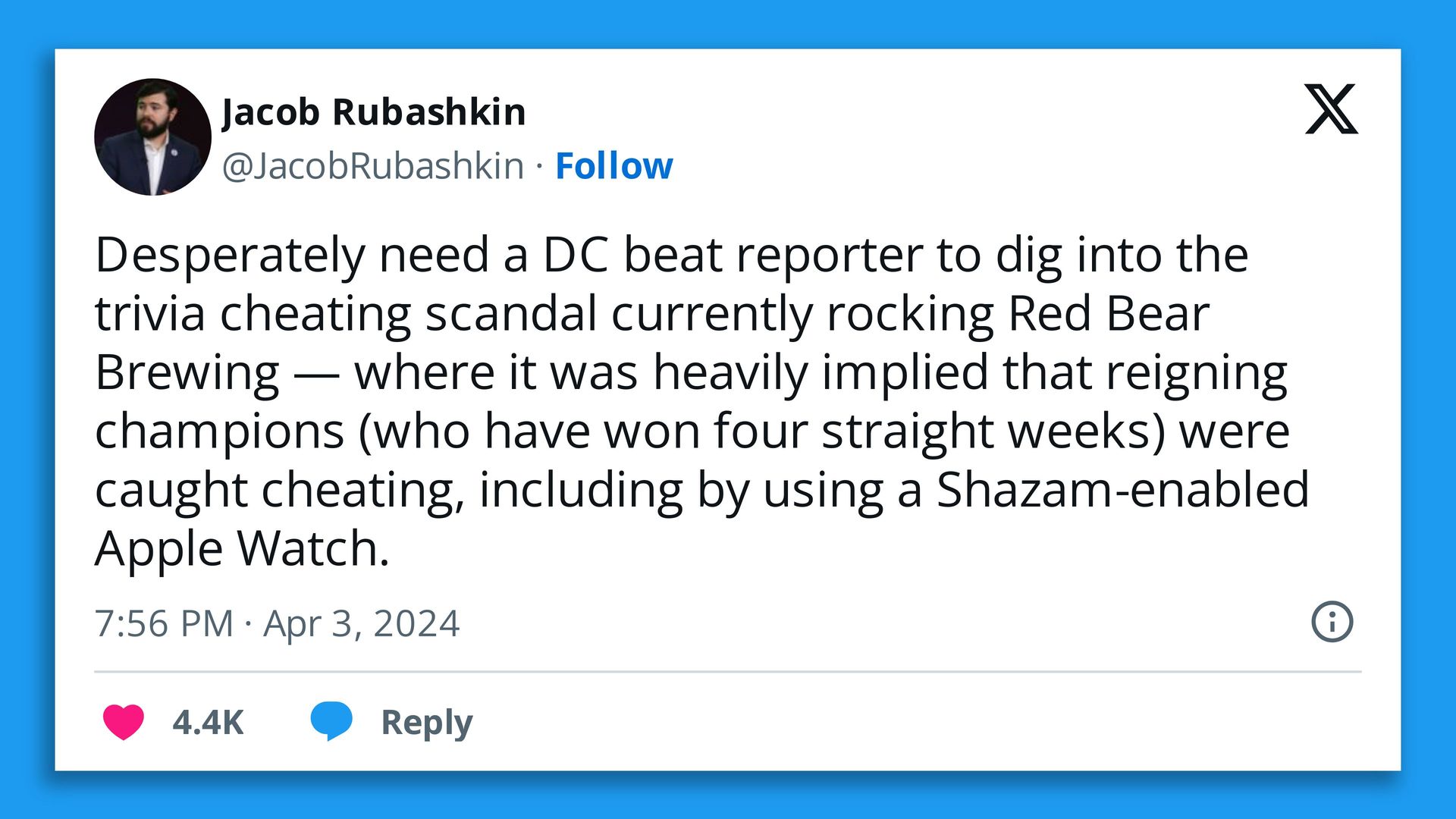 A message on X asking someone to look into the Red Bear Brewing trivia cheating.