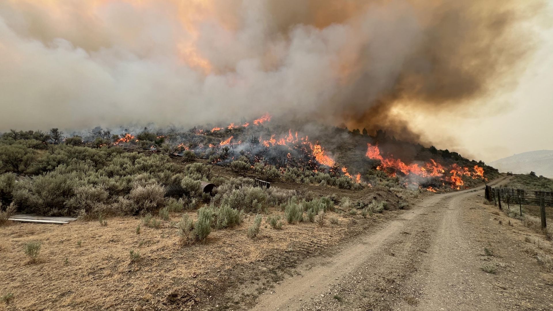 A wildfire burns in scrub brush on a hill next to a dirt road in a high desert landscape.