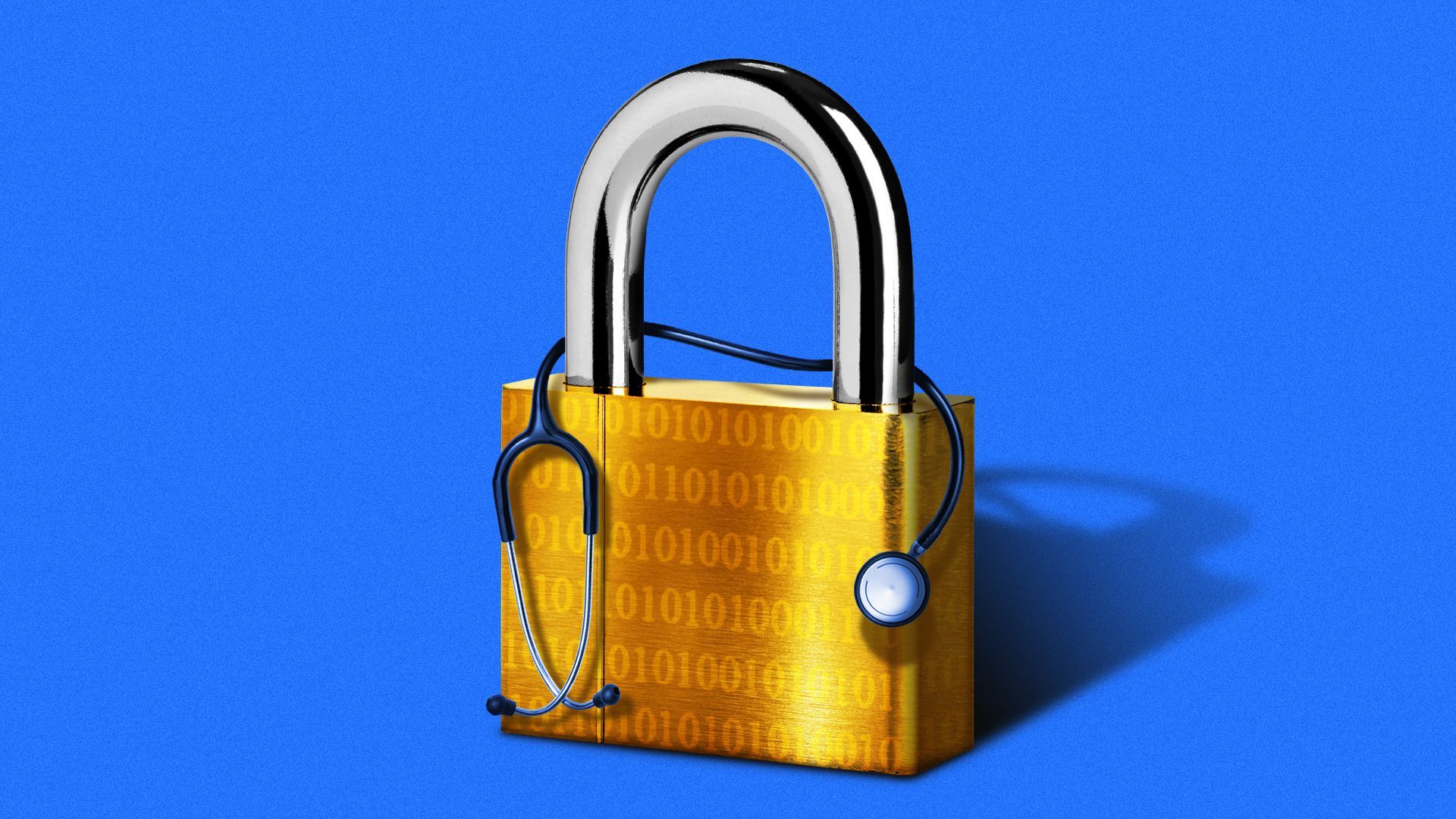 Illustration of a security lock with binary code wearing a small stethoscope