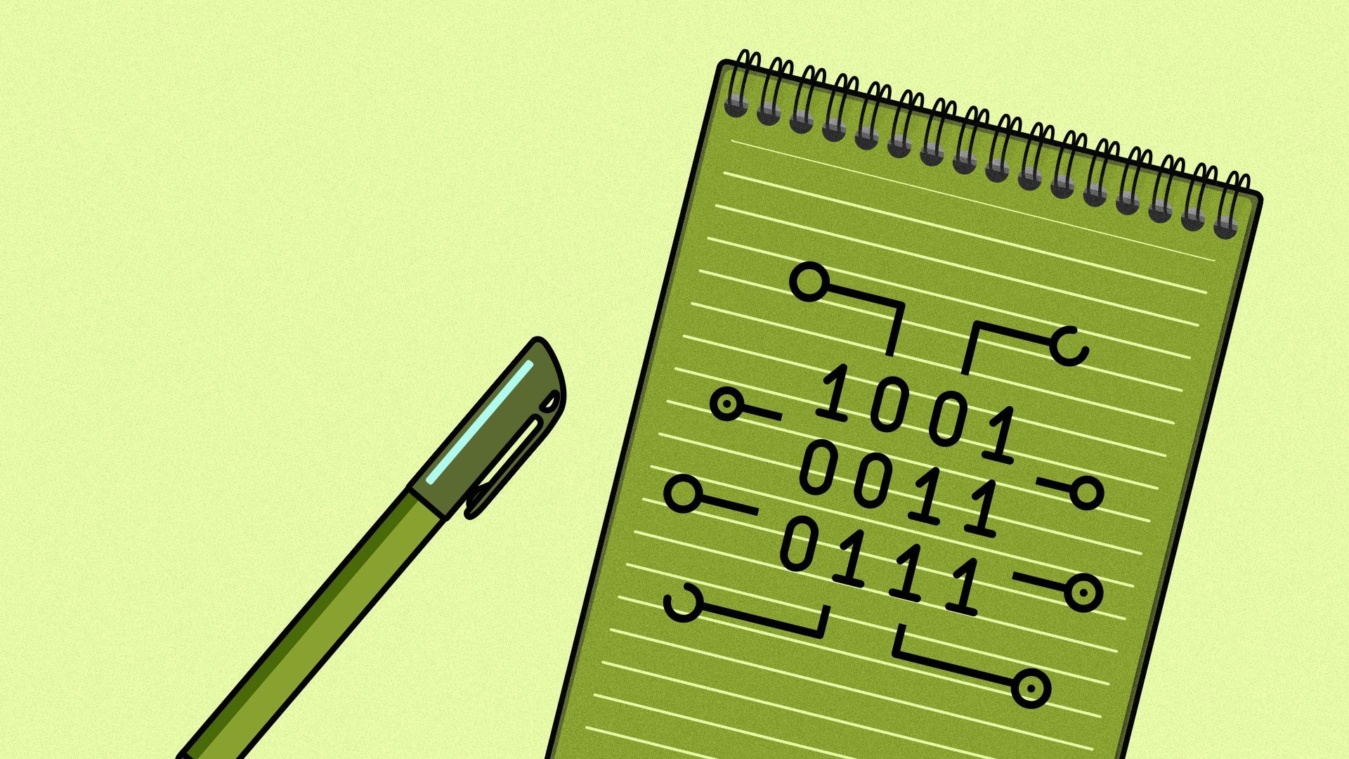 Illustration of a marker and a notepad containing binary.