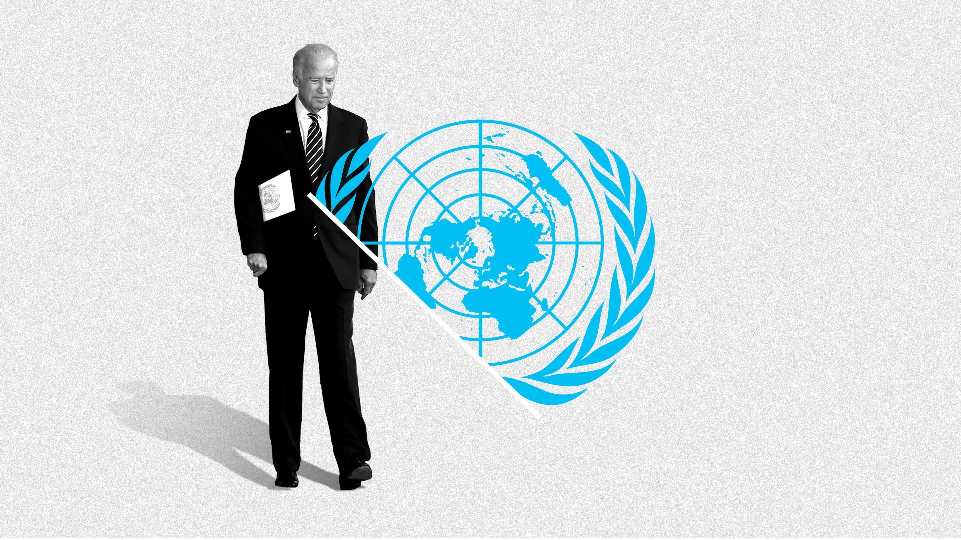 Photo illustration of Joe Biden walking towards the UN symbol