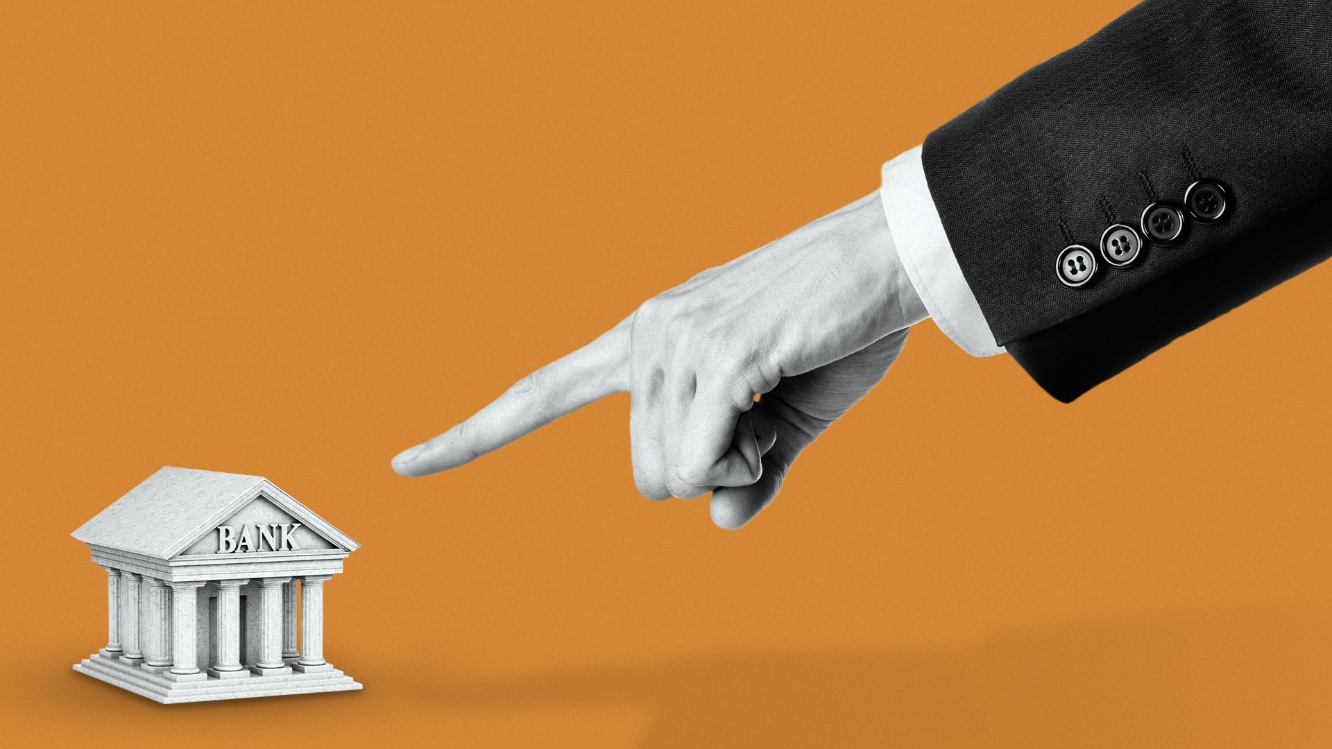 Illustration of a little bank building with a large suited arm pointing at it