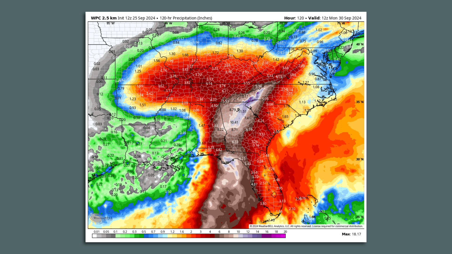 A map showing rainfall totals for Hurricane Helene