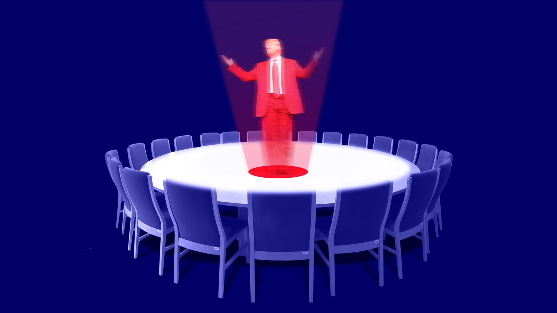 Illustration of a round war room table projecting a hologram of trump in the middle