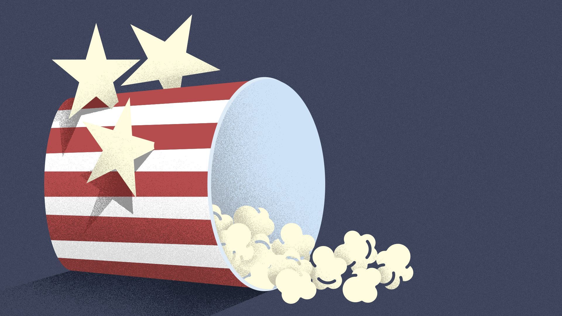Illustration of a popcorn bucket knocked over by throwing stars.