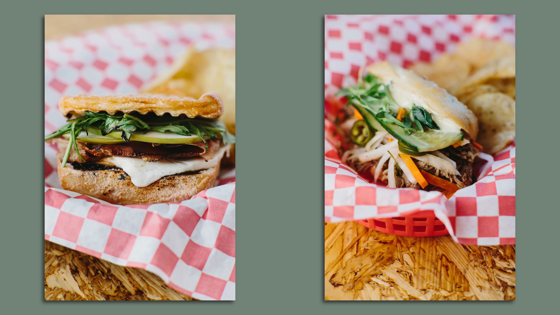 A side by side of photos of sandwiches — one a ham sandwich with a pickle, the other a banh mi — in baskets with red-and-white checkered wax paper