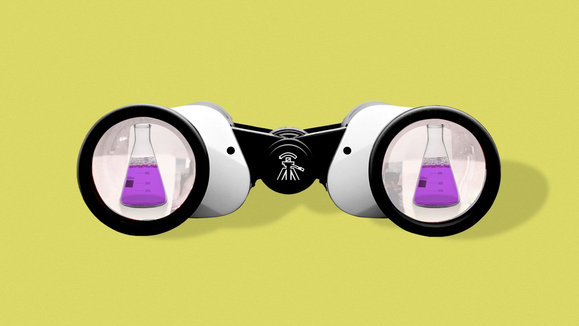 Illustration of binoculars with beaker in its lenses.