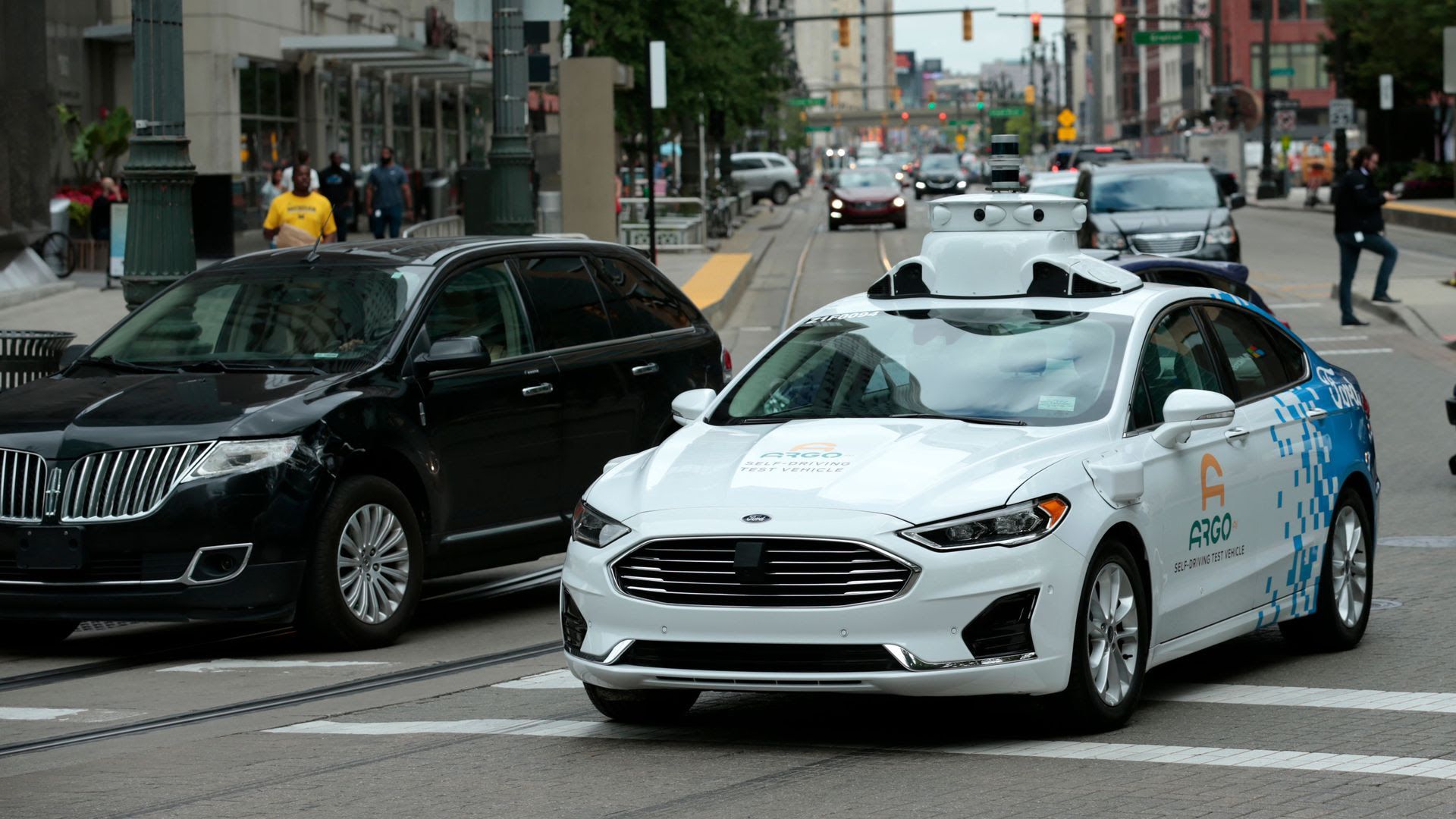 A Ford Argo AI test vehicle being tested in downtown Detroit