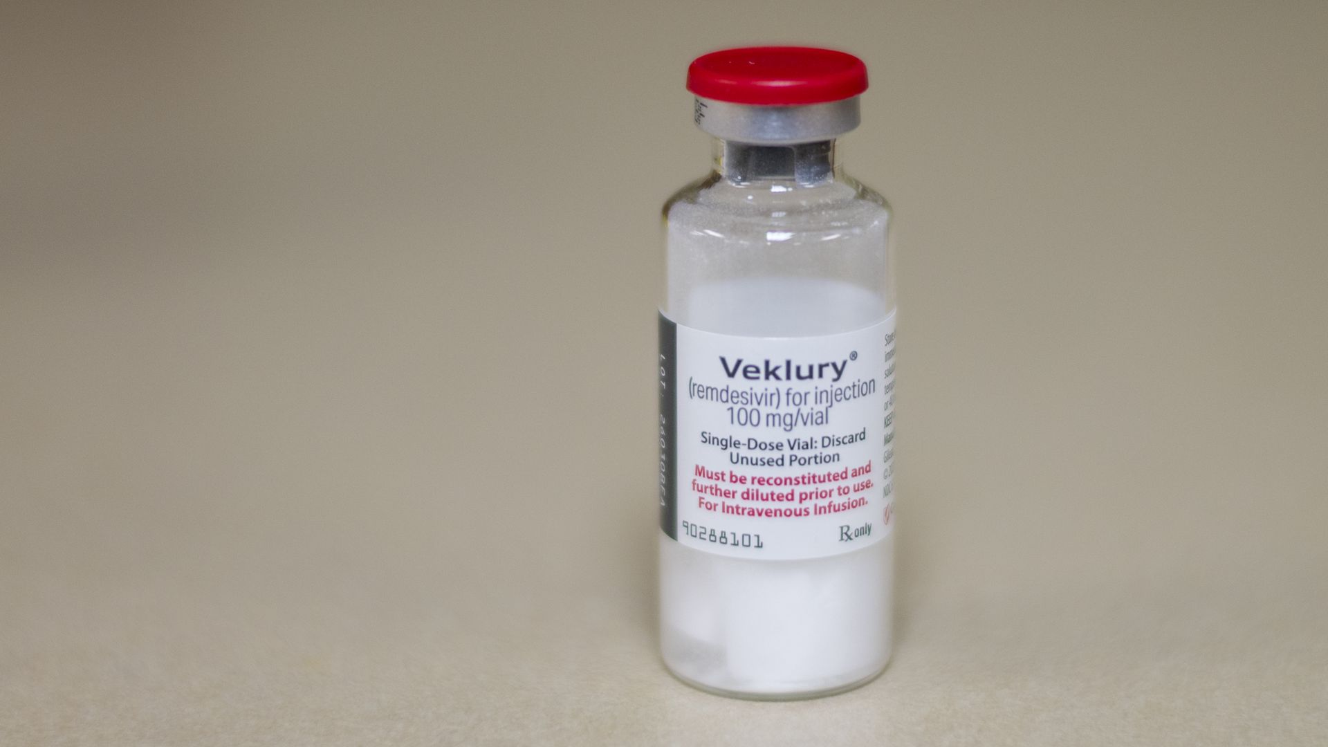Photo of a clear vial labeled "Veklury"