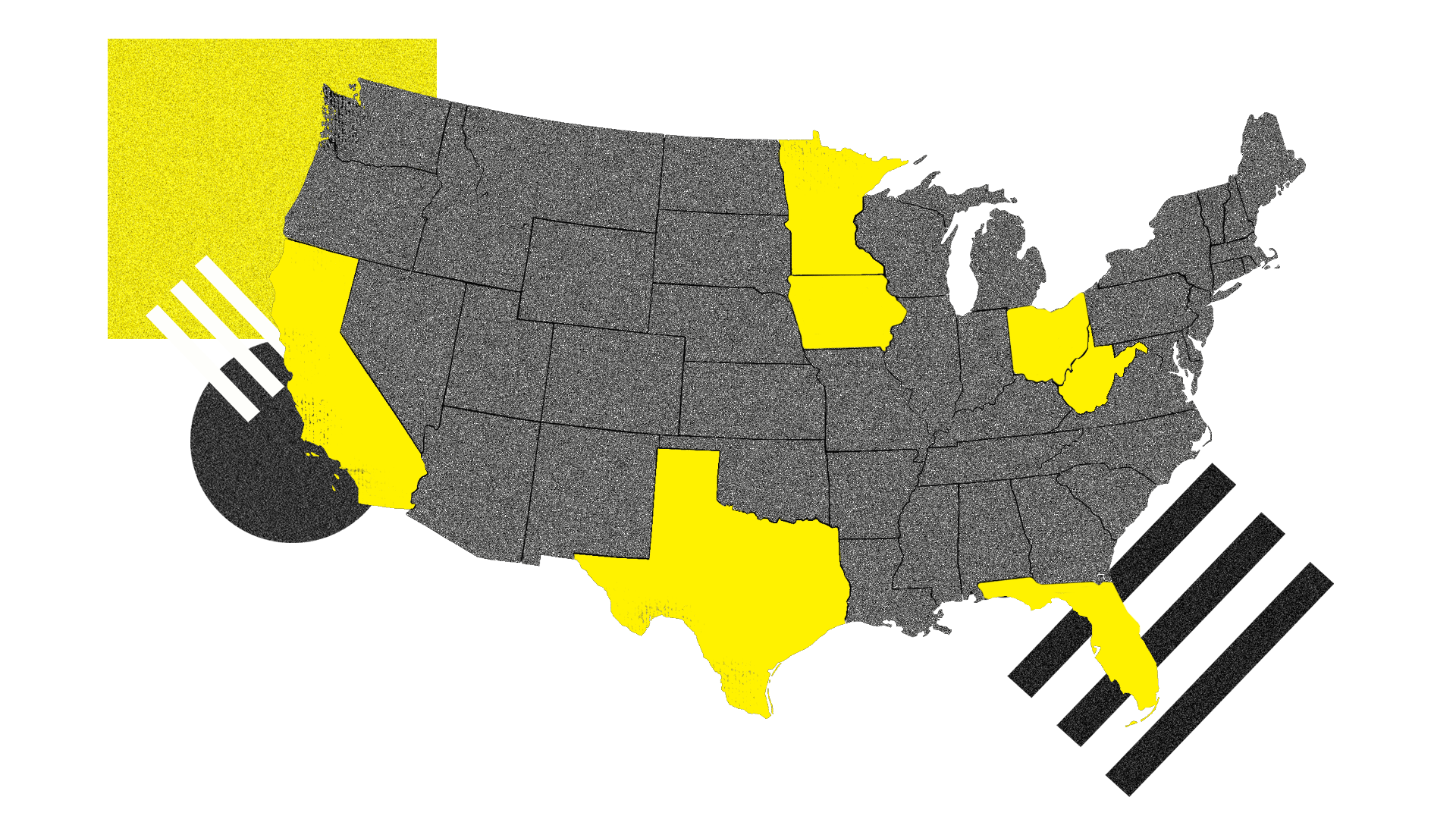 A map of the United States with the Axios 8 states highlighted