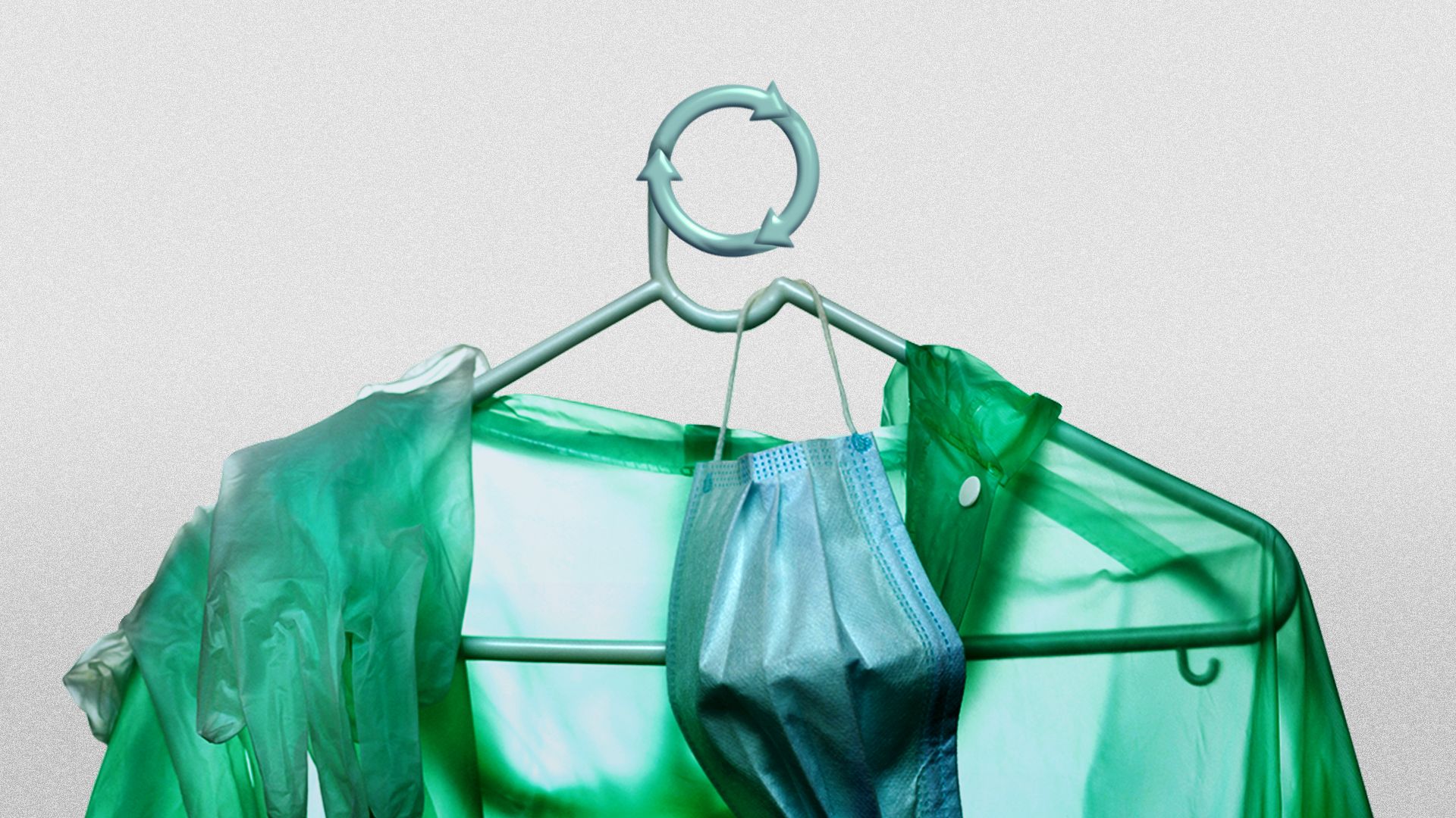 Illustration of a PPE gown, mask and gloves draped over a hanger with a hook shaped like a reuse symbol.