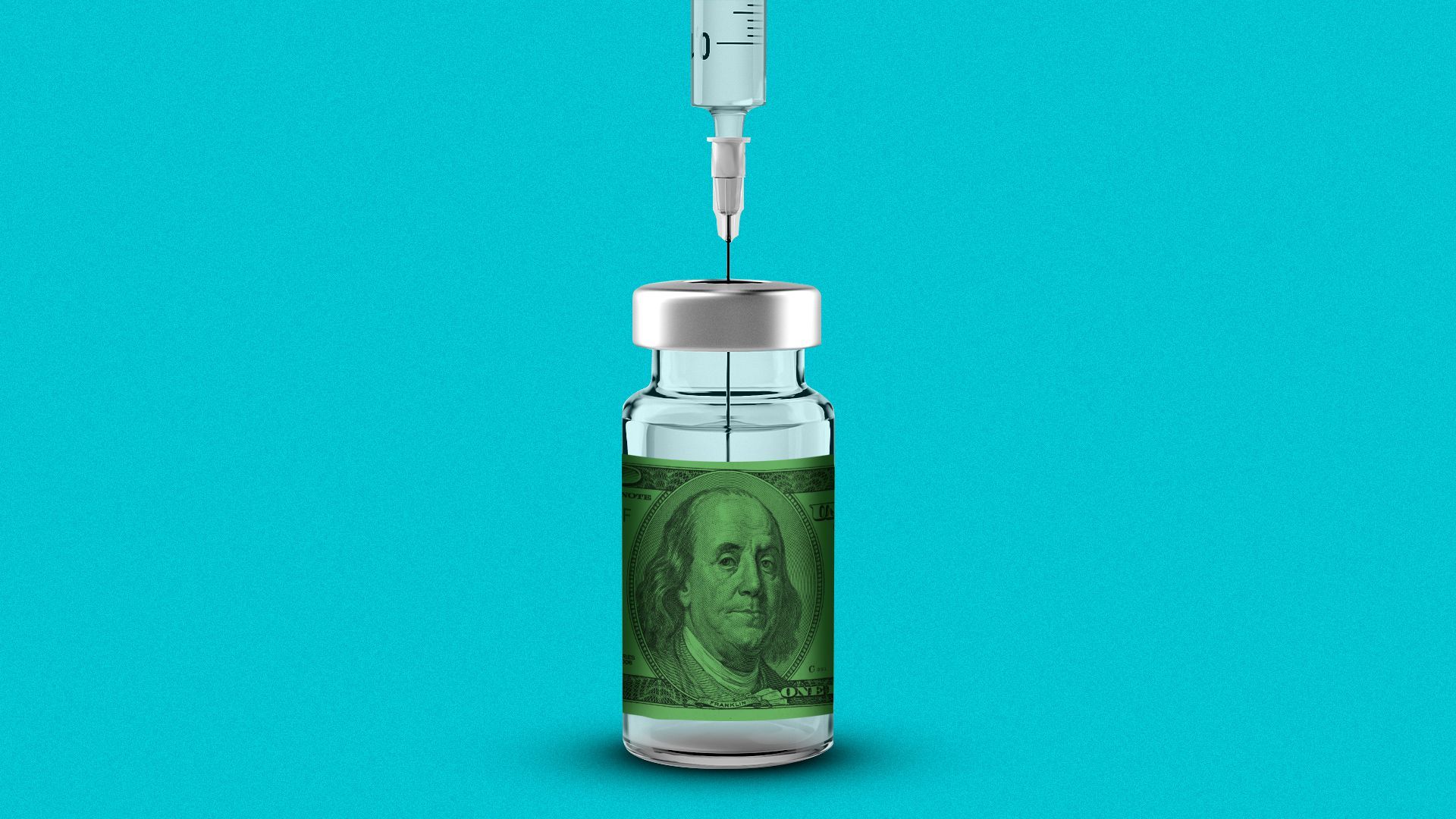 Illustration of a syringe pulling from a vial with a hundred dollar bill as a label.  