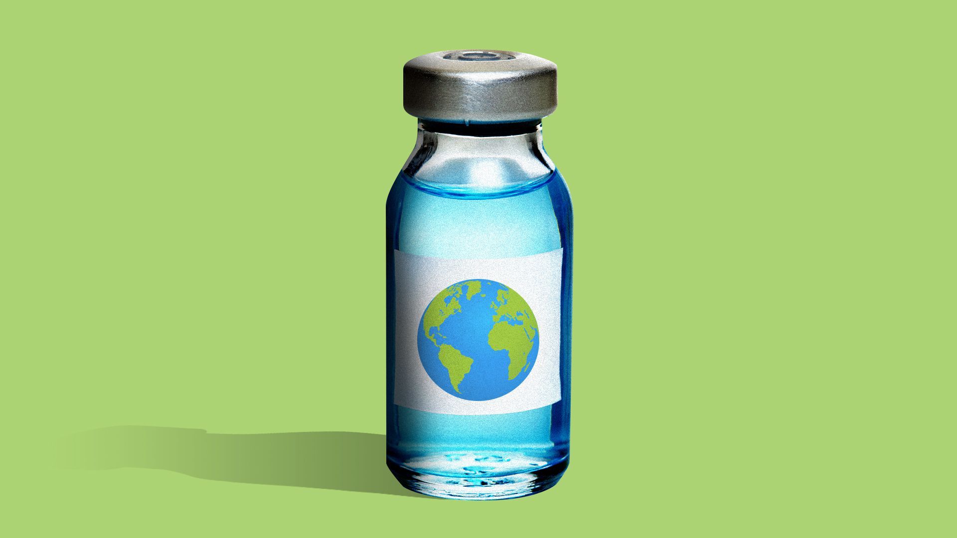 Illustration of a vaccine bottle with a picture of the Earth on its label. 