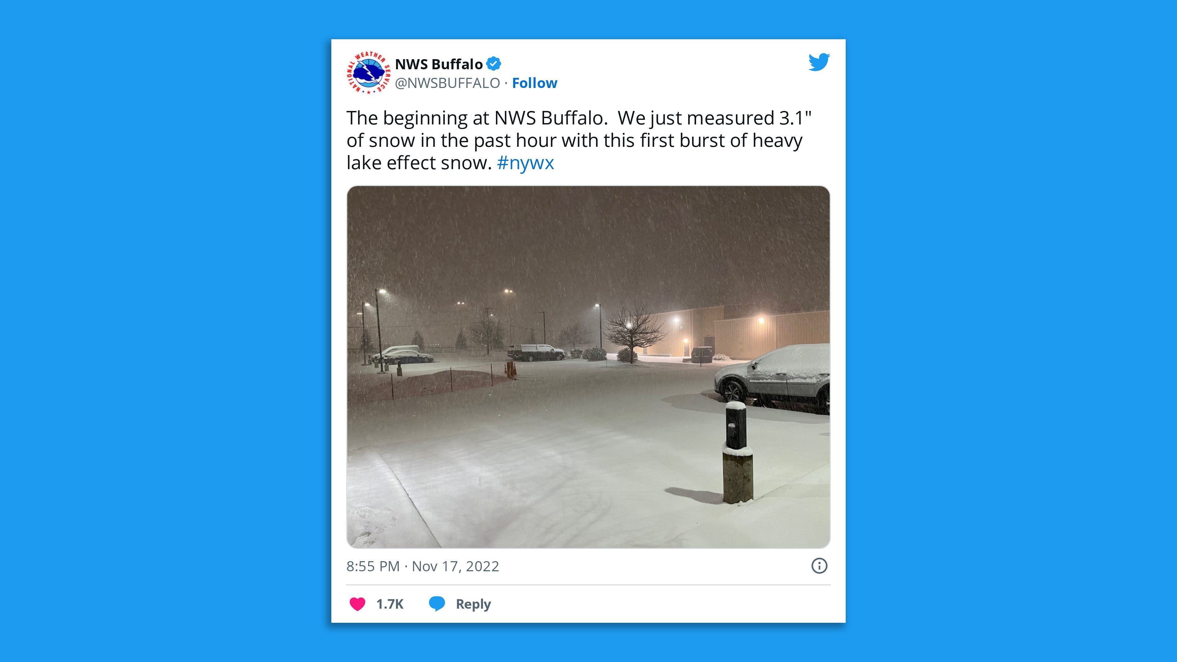A screenshot of an NWS tweet showing snowfall in Buffalo, New York, which measured at just over 3 inches.