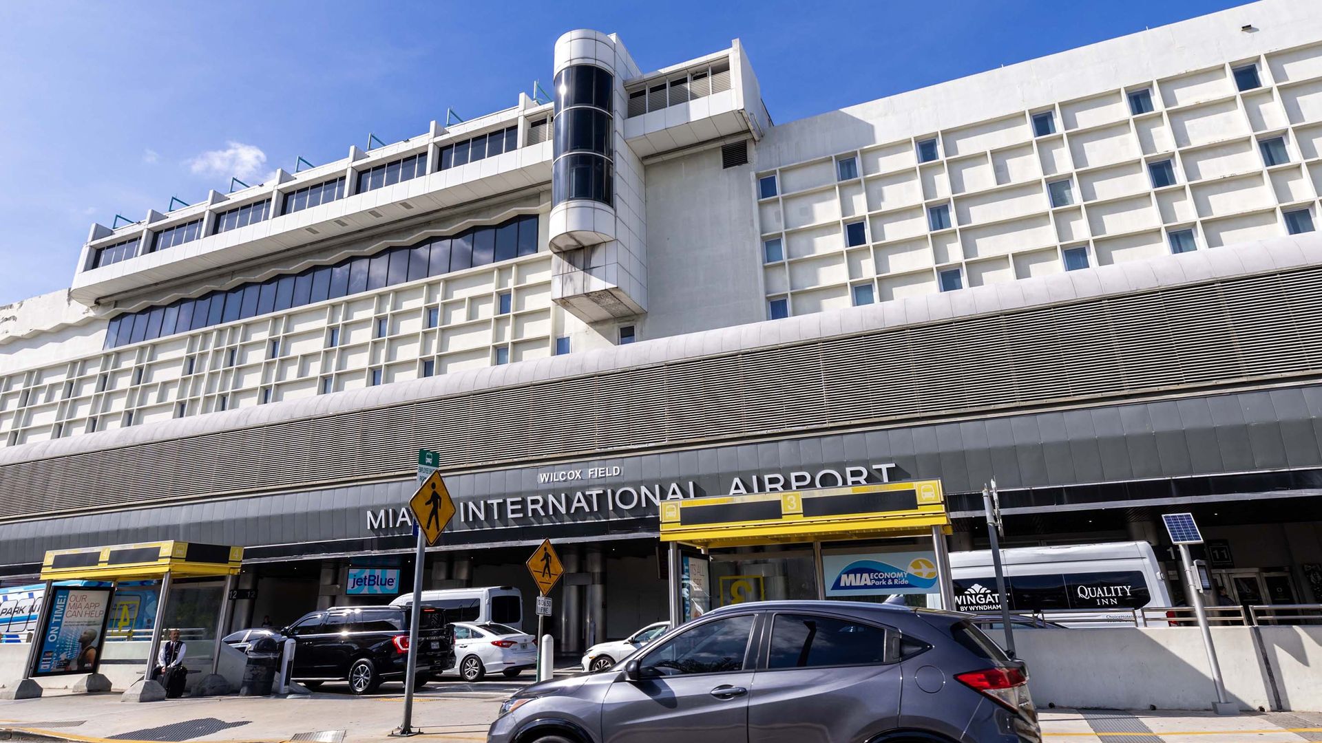 A car is seen at the departures area at Miami International Airport.