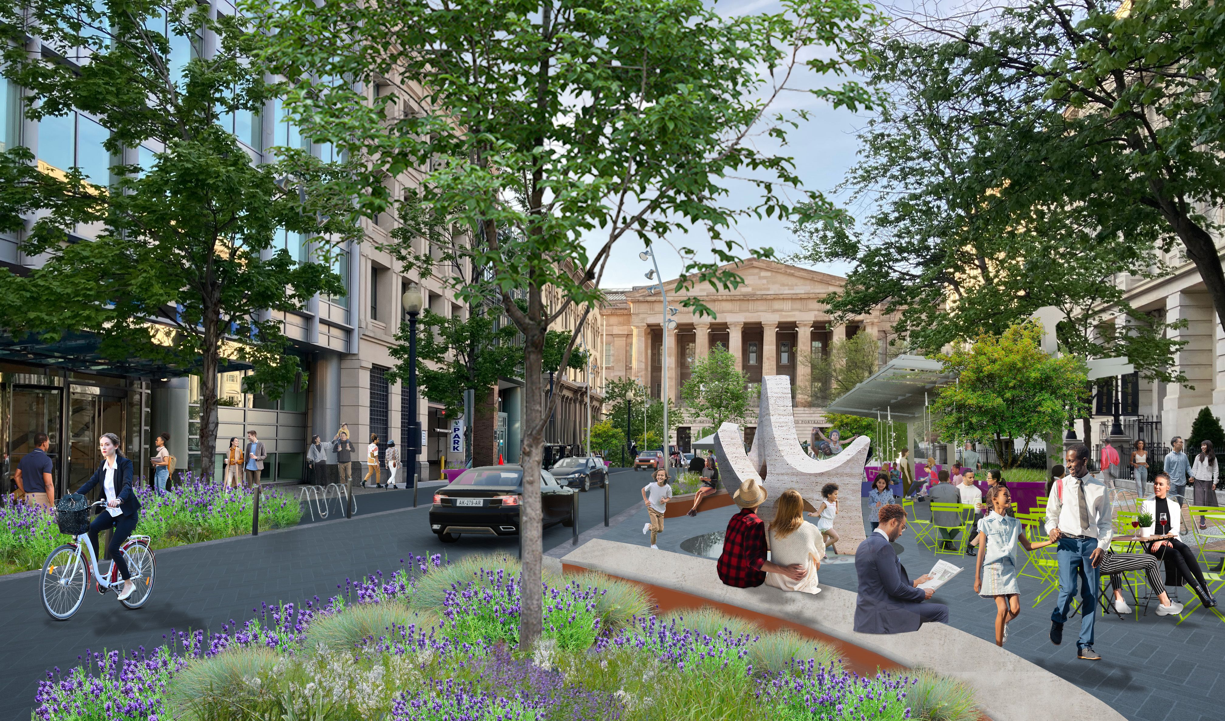 An 8th Street rendering shows an expanded sidewalk plaza area with people sitting and walking through a park