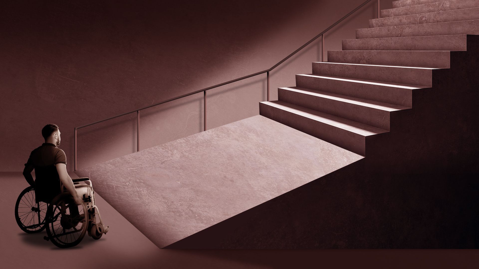 Illustration of a person in a wheelchair at the bottom of a ramp that turns into a staircase
