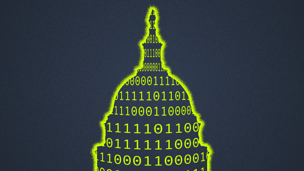 Illustration of a US Capitol dome made out of binary code. 