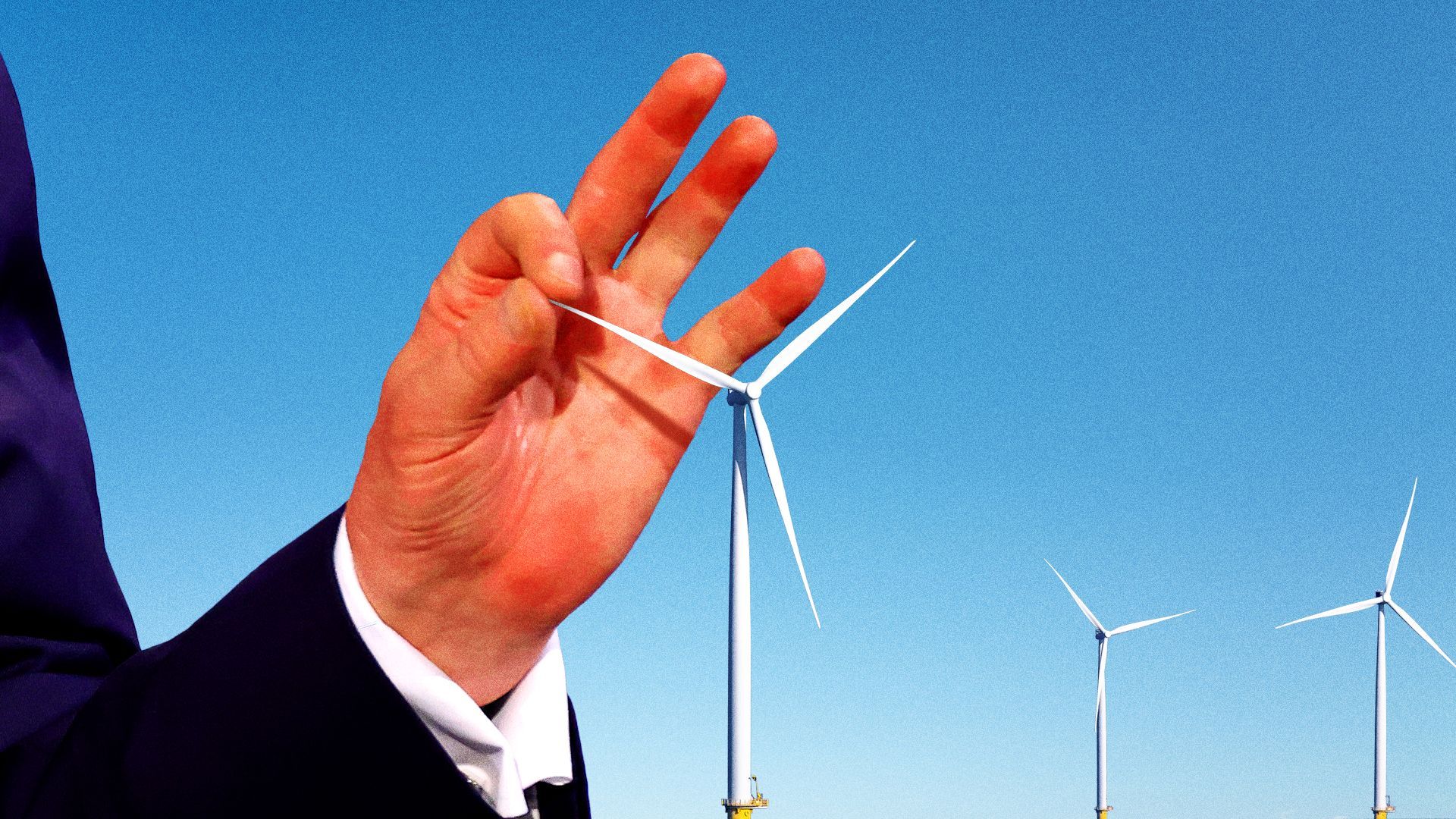Photo illustration of Donald Trump's hand pinching the blade of a wind turbine, preventing it from moving. 