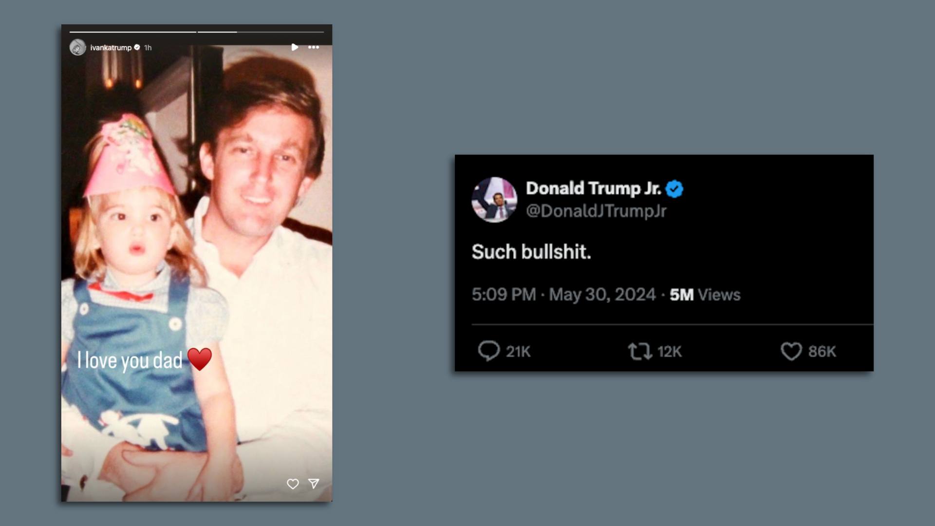 Screenshots of social media posts from Ivanka Trump and Donald Trump Jr.