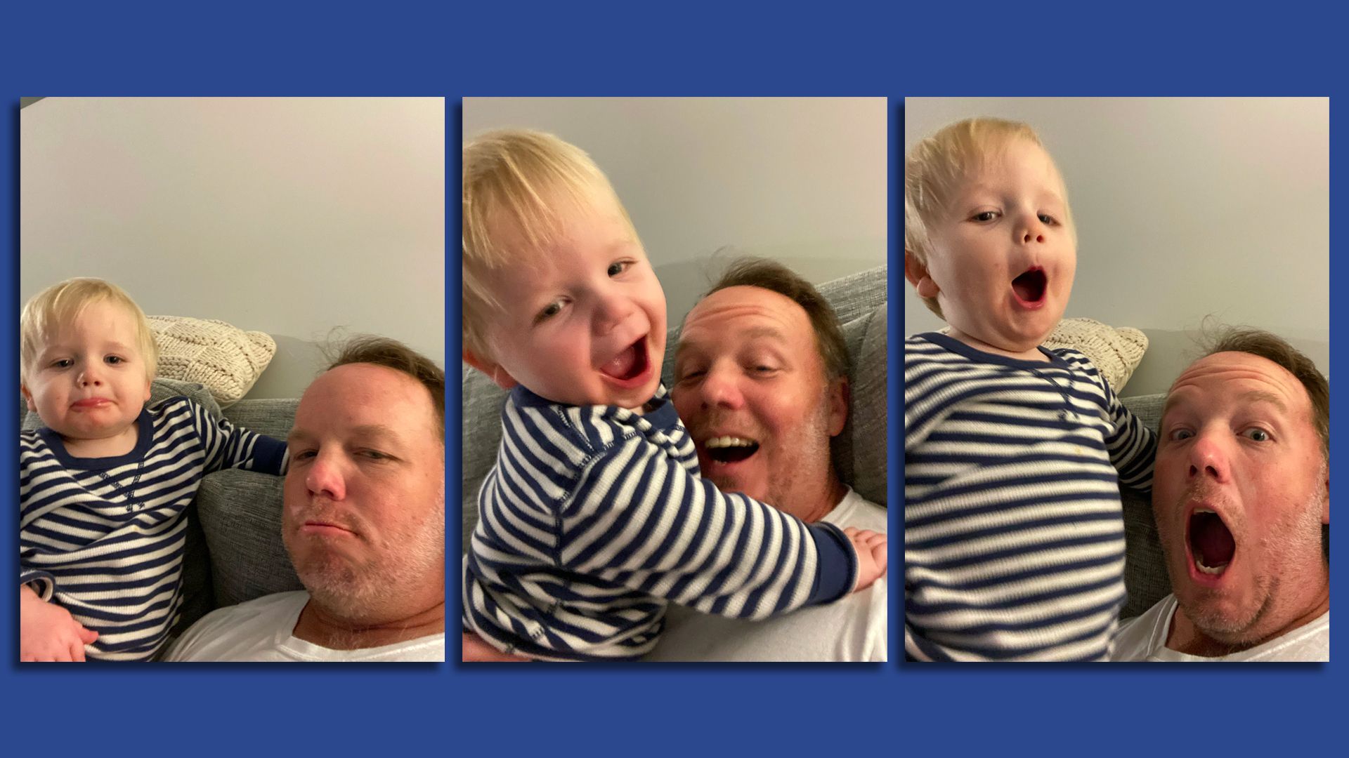 three photos of a dad and son -- one of both frowning, one of both smiling, and one of both expressing surprise