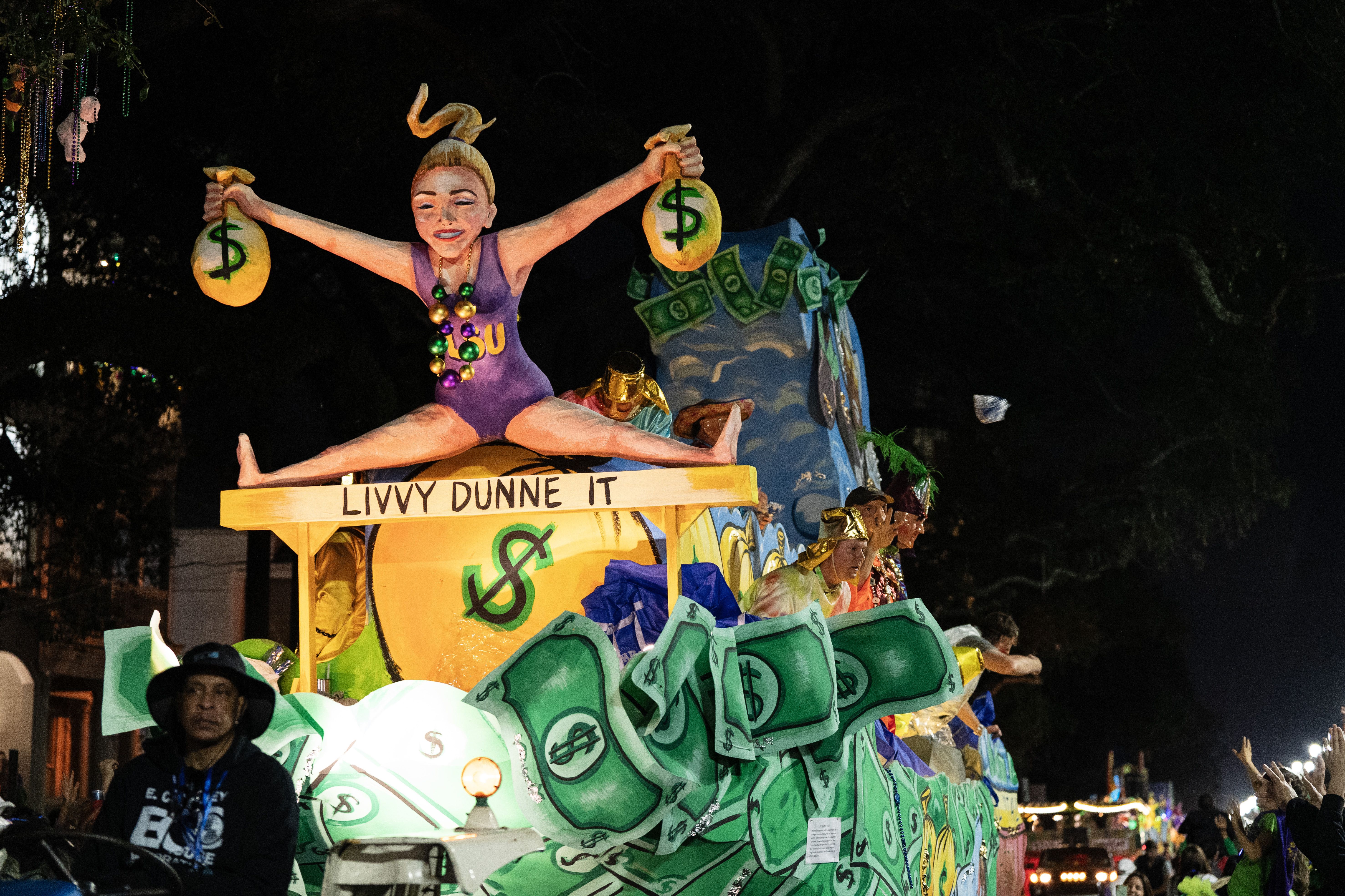 Photo shows an Olivia Dunne float in the Knights of Chaos parade