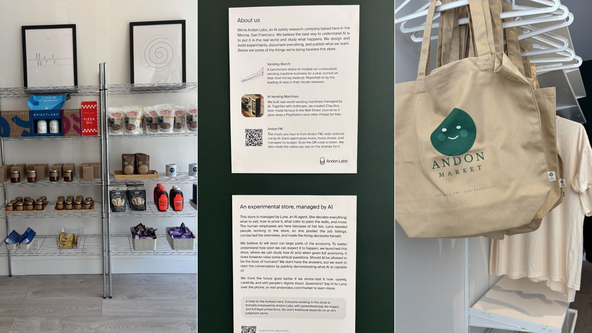 Interior of a shop: left metal shelves with boxes and jars, framed art; center green wall with Andon Labs posters; right beige "ANDON MARKET" tote bag hanging on a rack.