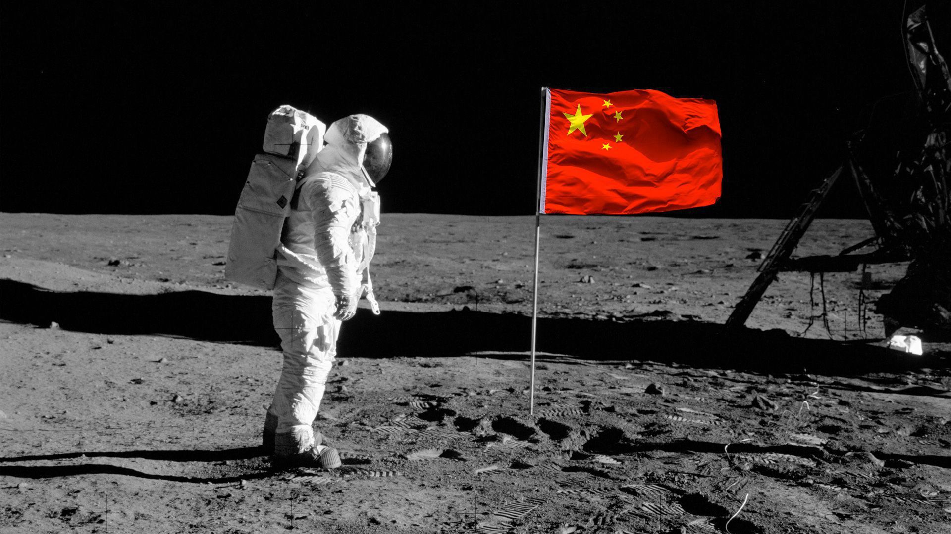 An illustration of an astronaut on the moon with a Chinese flag. 