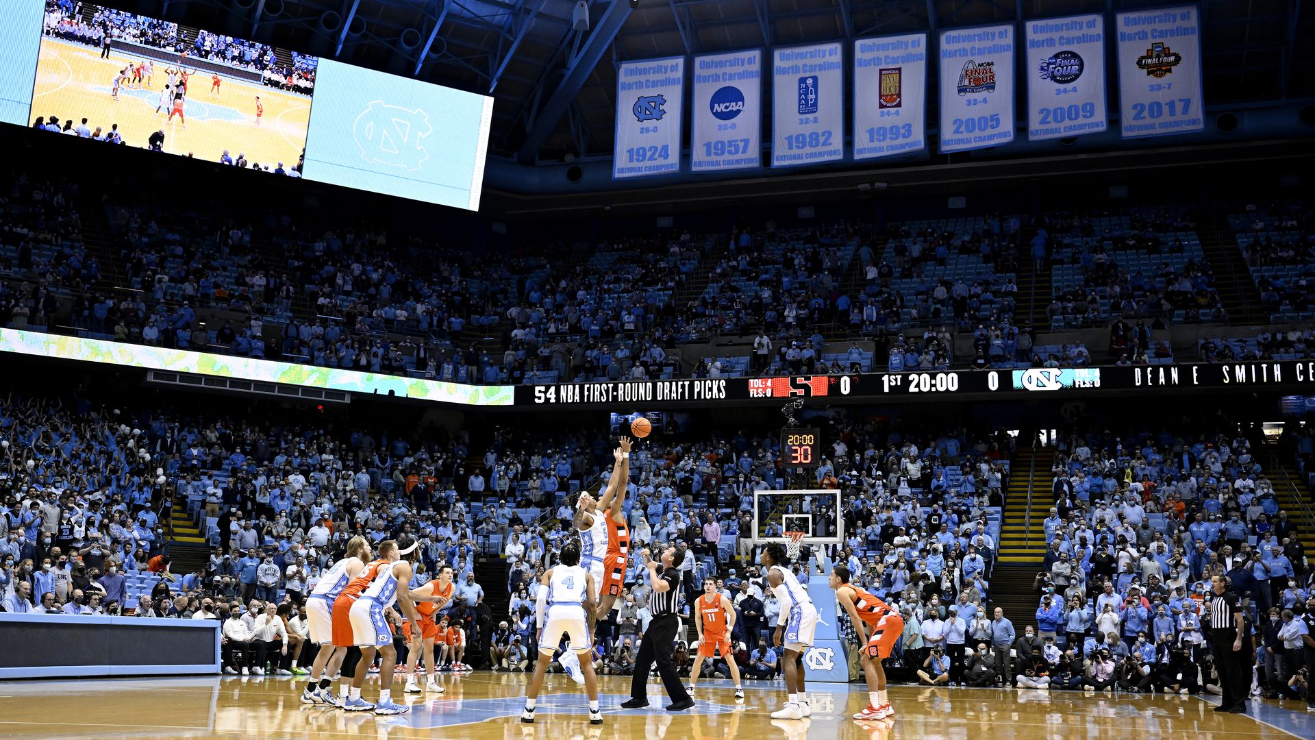 CHAPEL HILL, NORTH CAROLINA - FEBRUARY 28: A general view of the tip-off between the Syracuse Orange and the North Carolina Tar Heels during their game at the Dean E. Smith Center on February 28, 2022 in Chapel Hill, North Carolina. (Photo by Grant Halverson/Getty Images)