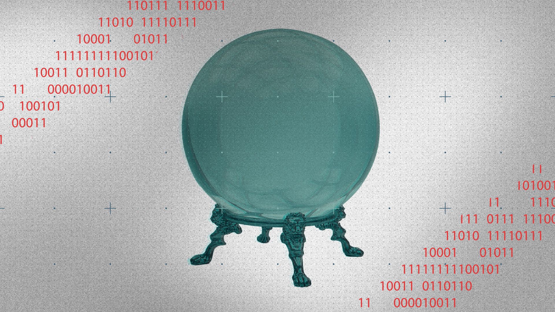 Illustrated collage of a crystal ball, overlaid with a tech grid pattern and bits of binary along the edges.