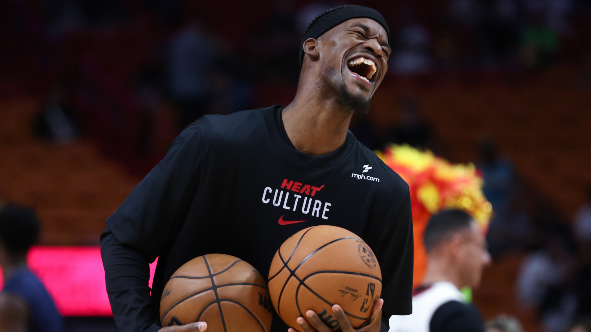 Jimmy Butler laughing during warm ups.