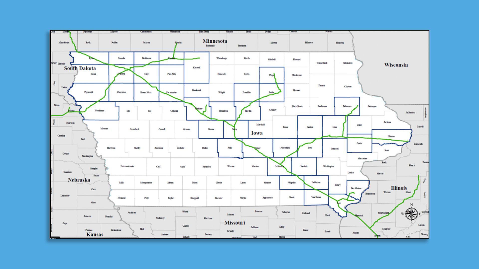 A map of a proposed Iowa pipeline project.