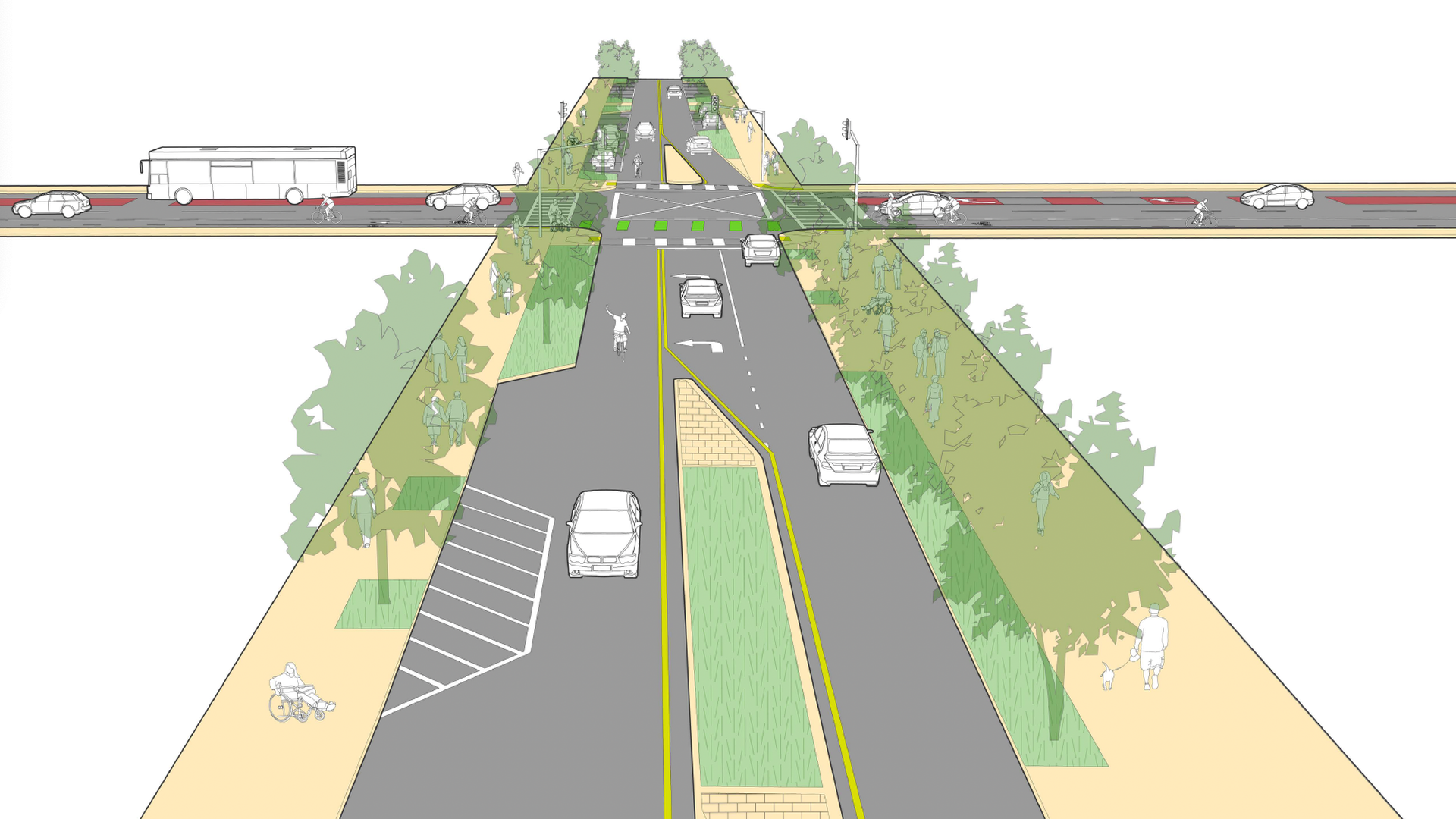 A rendering of a streetscape project that shows a reduced number of automobile lanes and new landscaping and wide sidewalks