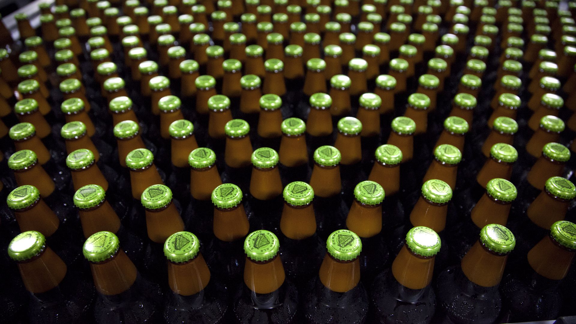 Row after row of brown glass beer bottles with bright green caps, neatly lined on a dark bottling rack; perspective shows depth and a factory-like setting.
