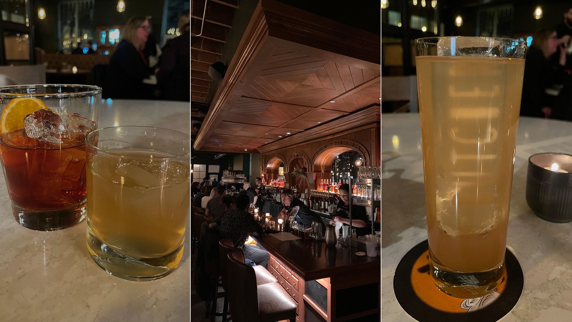 Photos of two cocktails and a wooden bar.