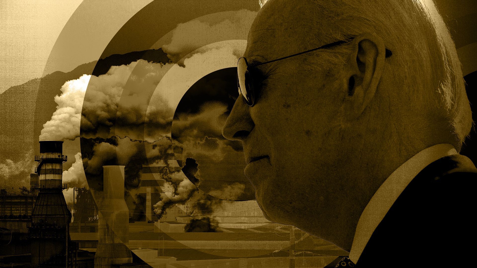 Photo illustration of President Biden with abstract shapes and image of smokestacks.