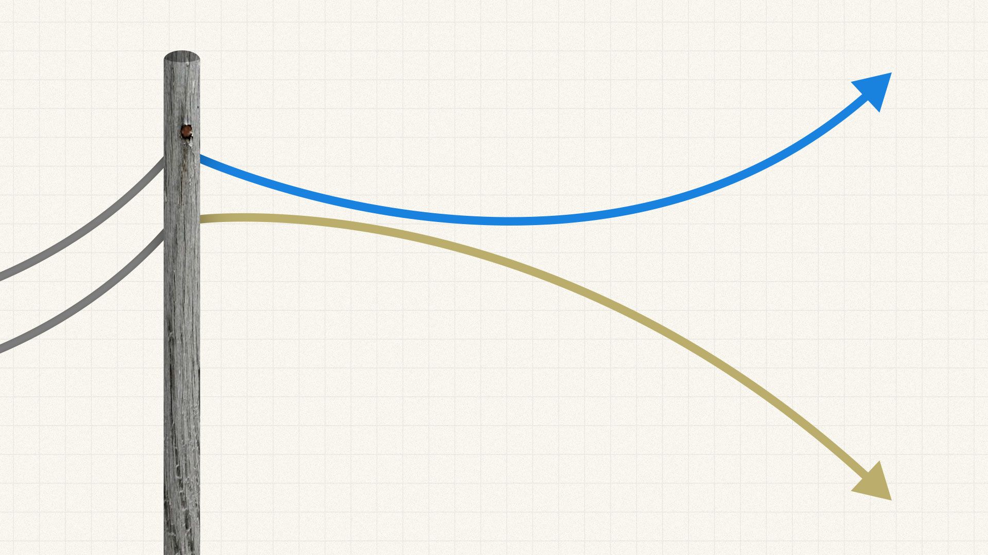 A utility pole with power lines diverging into arrows going in opposite directions
