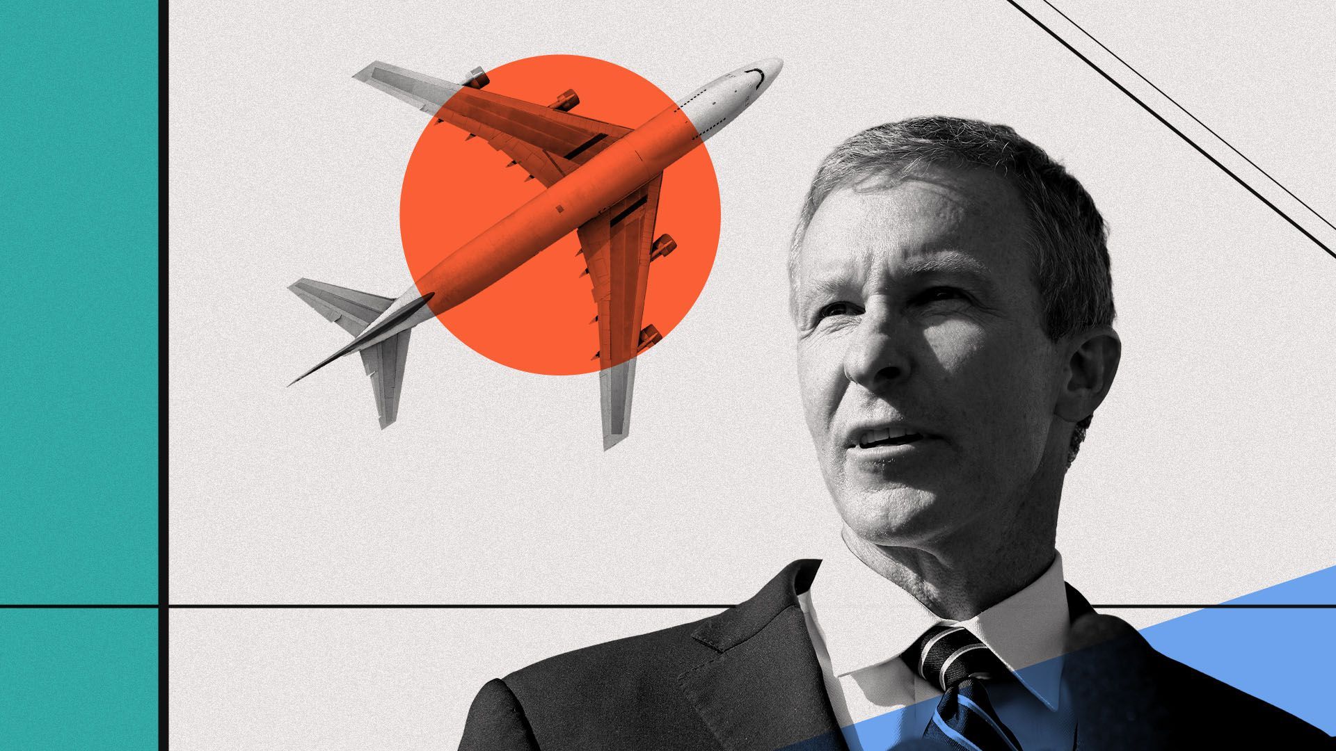 Photo illustration of United Airlines CEO Scott Kirby with an image of a plane and various shapes and lines