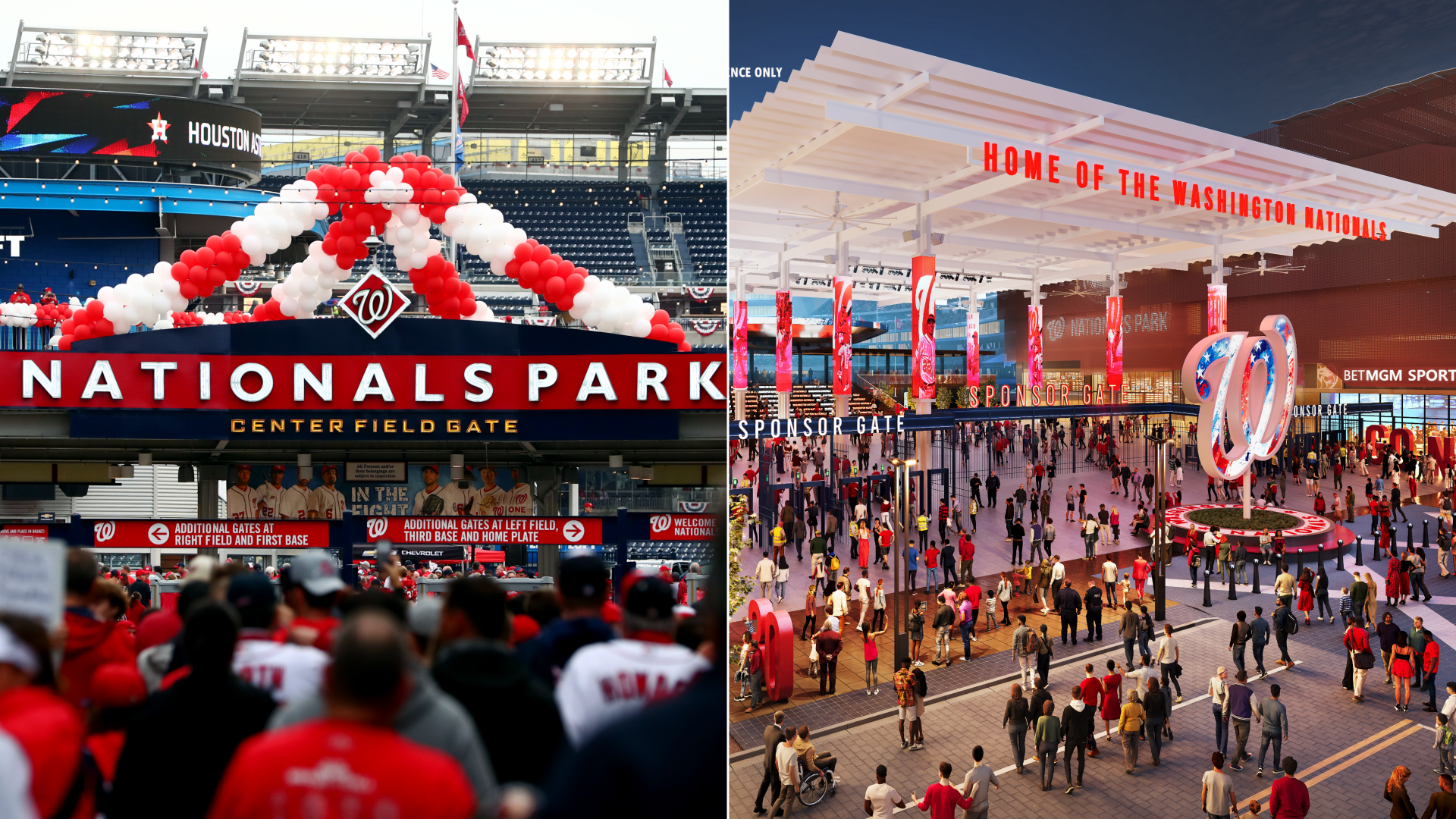 The centerfield gate at Nats Park next to a reimagined concept rendering 