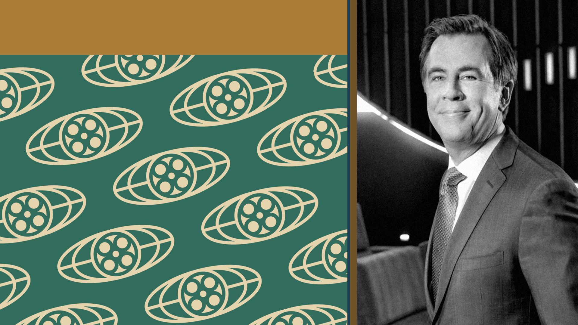 Photo illustration of John Mercurio next to colorful rectangles and a pattern of MPA logos.