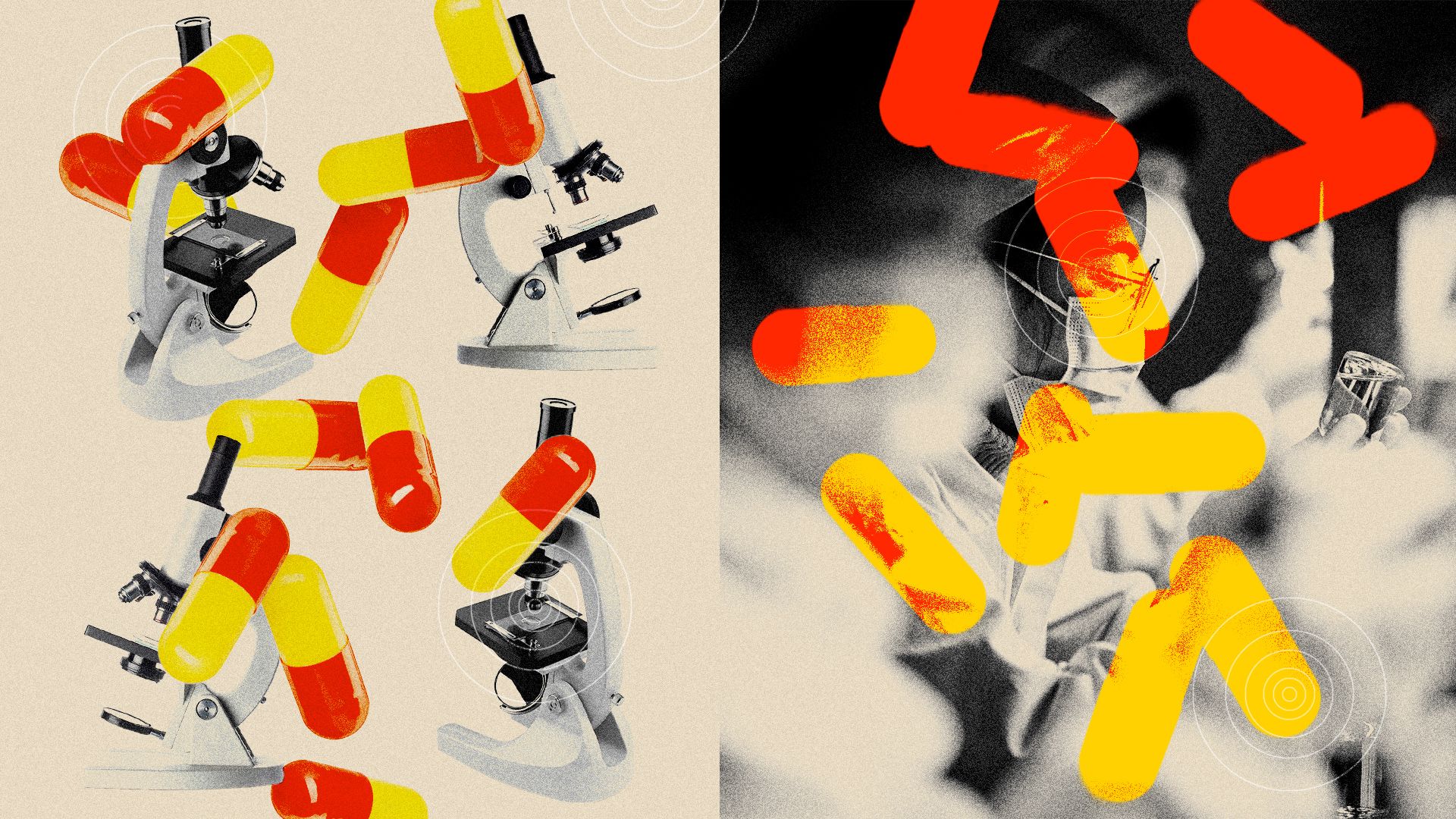 Photo illustration of a pattern of microscopes on the left side of a collage and a woman working at a pharmaceutical company on the other. On the left side pills are falling around the microscopes and on the right only the outline of the pills highlights the woman in the photo.